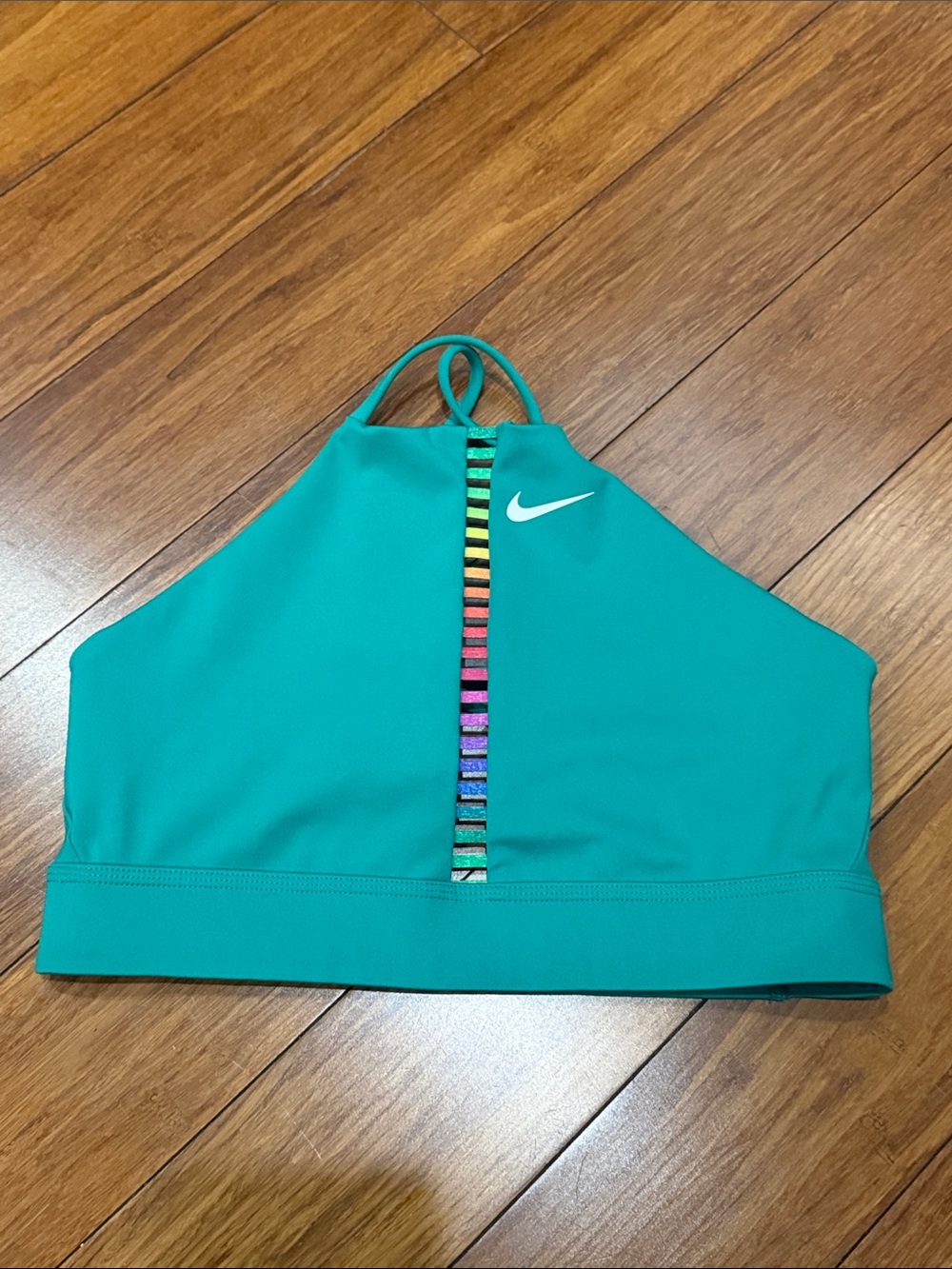 Nike Teal High-Neck Sports Bra with Rainbow Center Trim